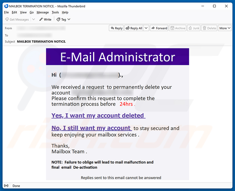 Request To Permanently Delete Your Account E-Mail-Spamkampagne