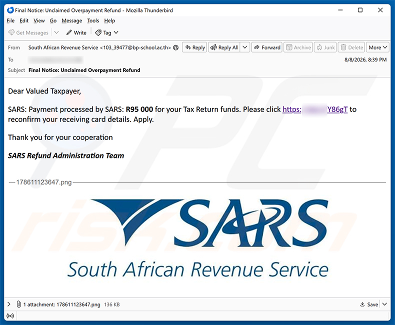 SARS Tax Refund Email Scam E-Mail-Spam-Kampagne