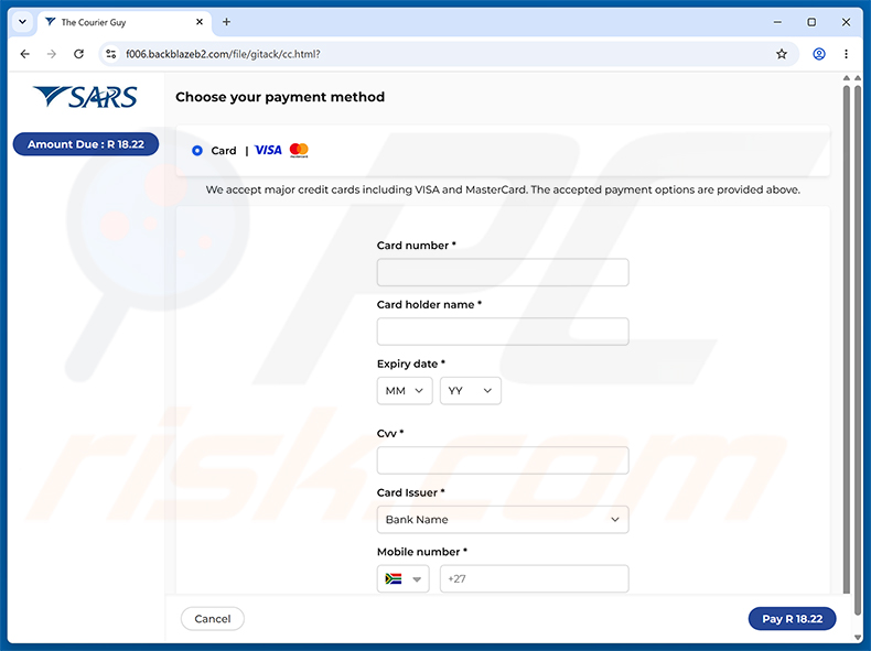SARS Tax Refund Email Scam Seite zum Sammeln von Kreditkartendaten