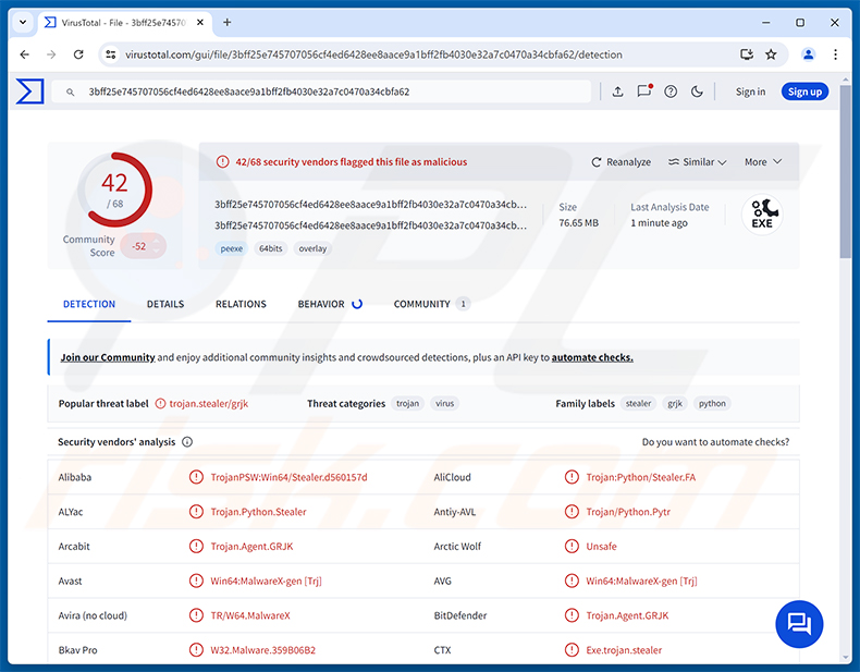 Vanta Stealer Malware-Erkennungen auf VirusTotal
