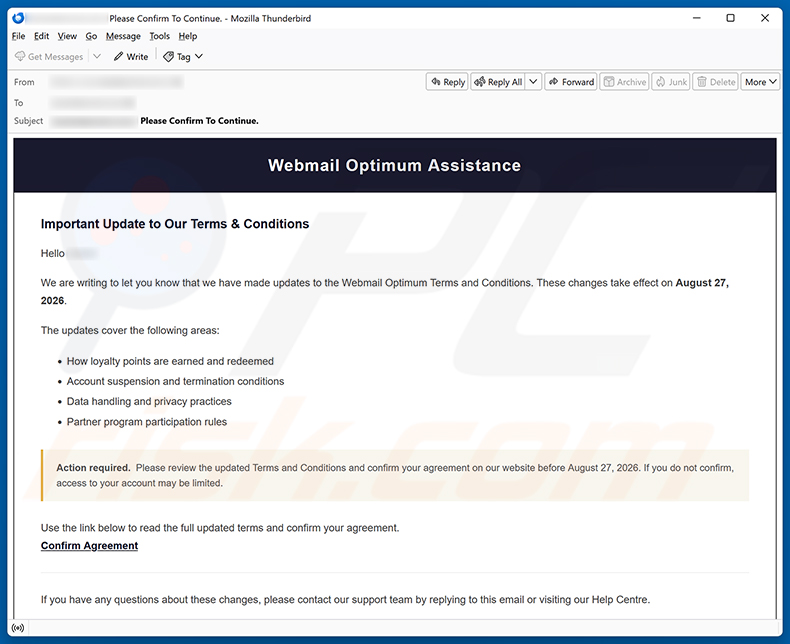 Webmail Optimum Terms and Conditions Update E-Mail-Betrug Spam-Kampagne