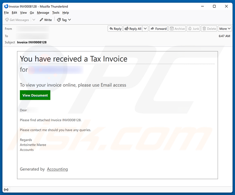 You Have Received A Tax Invoice E-Mail-Betrug Spam-Kampagne