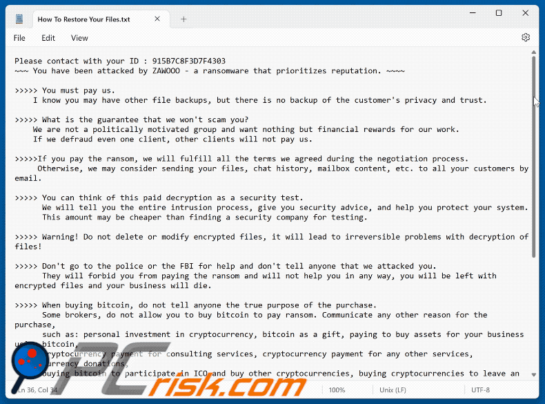 Erpresserbotschaft der ZAWOOO-Ransomware (How To Restore Your Files.txt)