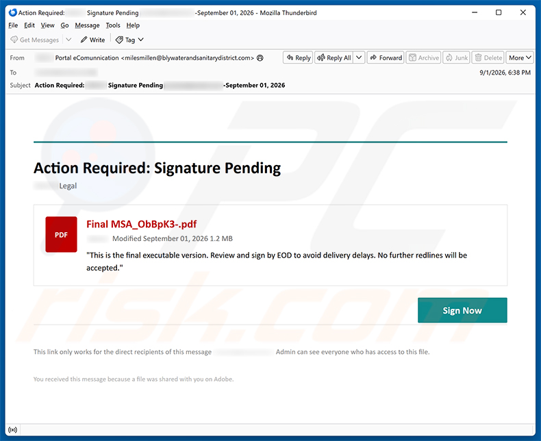 Spam-Kampagne der E-Mail „Action Required: Signature Pending