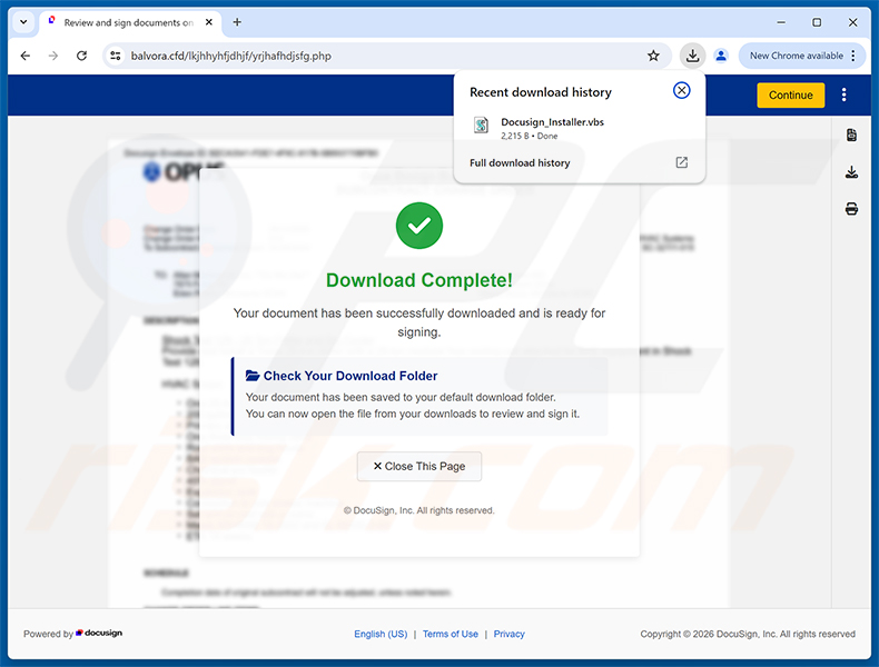 Bösartige Website, die über die Spam-Kampagne Action Required: Signature Pending beworben wird