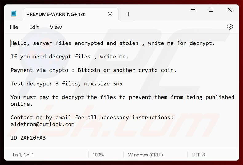 Lösegeldforderung der Aldet-Ransomware (+README-WARNING+.txt)