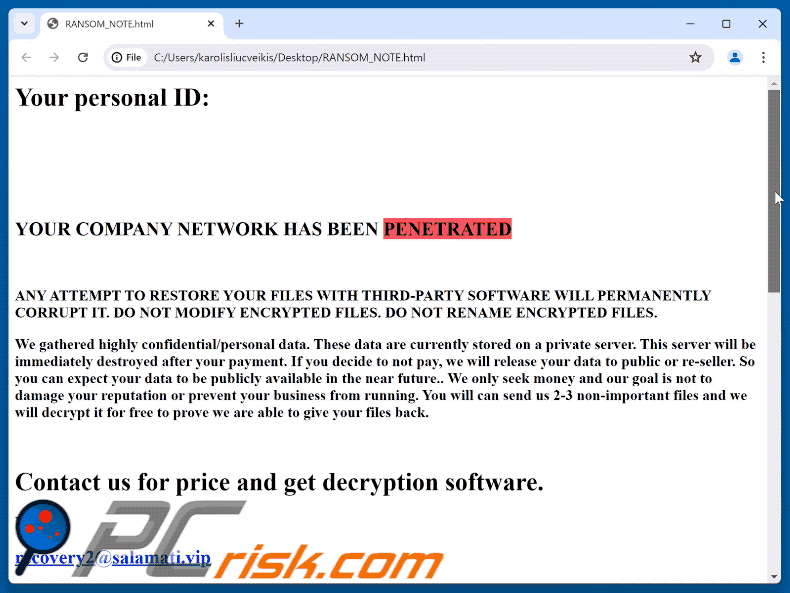 Lösegeldforderung von Altair Ransomware (RANSOM_NOTE.html)