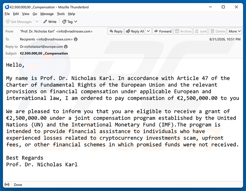 Compensation Program Email Scam Spam-Kampagne per E-Mail