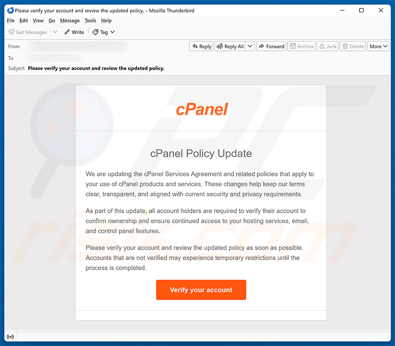 cPanel Policy Update E-Mail-Betrug Spam-Kampagne