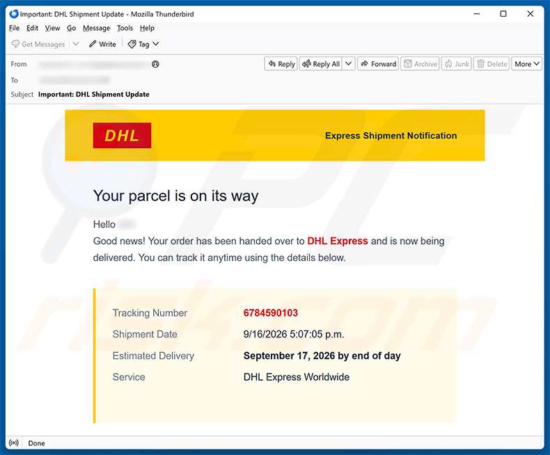 DHL Express Parcel Is On Its Way E-Mail-Betrug - Spam-Kampagne