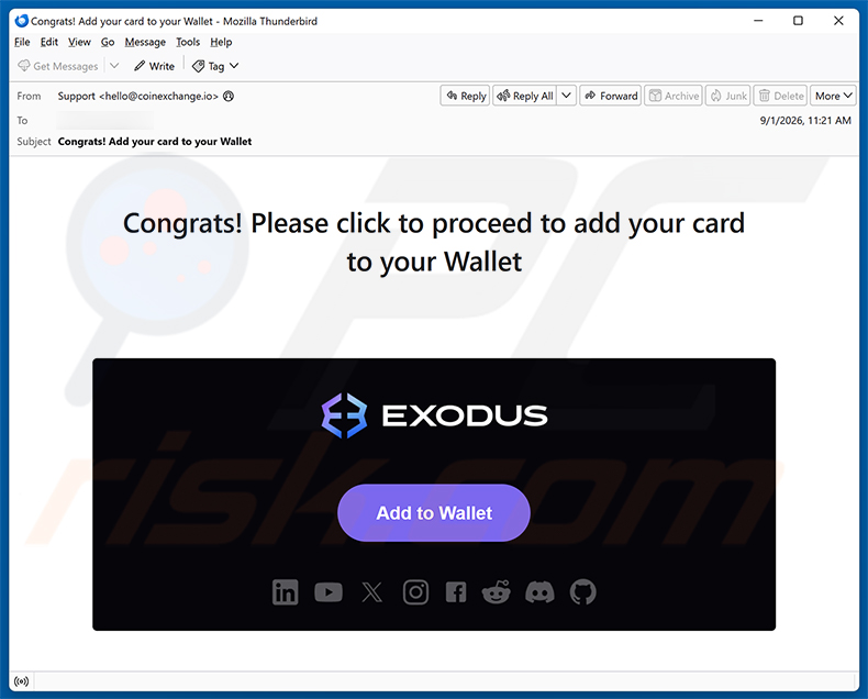 Exodus - Add Your Card To Your Wallet E-Mail-Betrug Spam-Kampagne