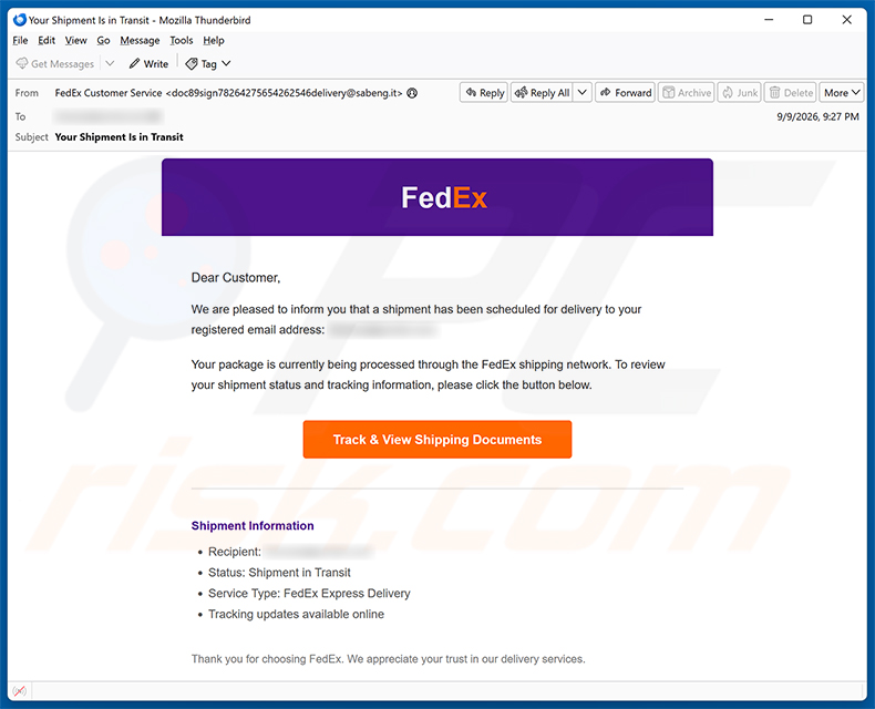 FedEx Shipment Scheduled For Delivery E-Mail-Betrug Spam-Kampagne