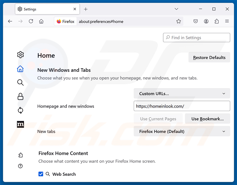 Entfernen von homeinlook.com aus der Mozilla Firefox Startseite