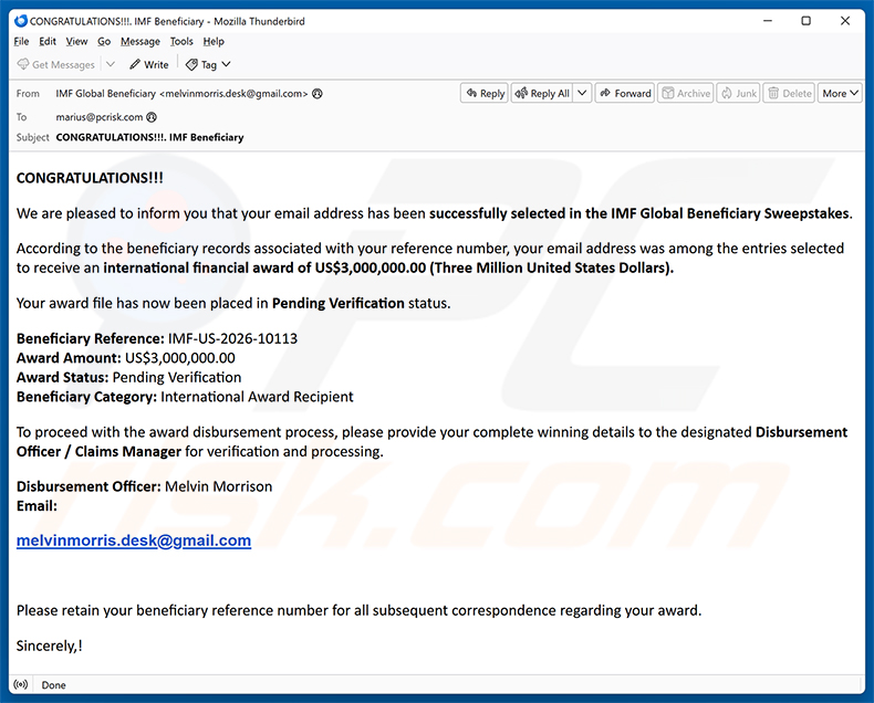 IMF Global Beneficiary Sweepstakes E-Mail-Spam-Kampagne