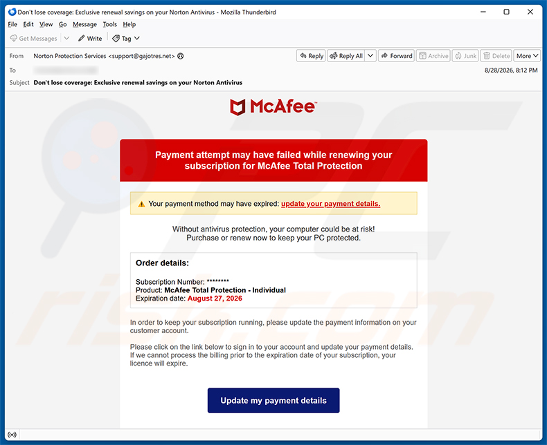 McAfee - Payment Method Expired E-Mail-Betrug Spam-Kampagne