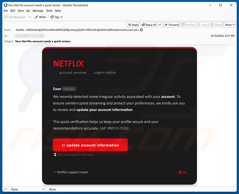 Netflix - Irregular Account Activity E-Mail-Betrug