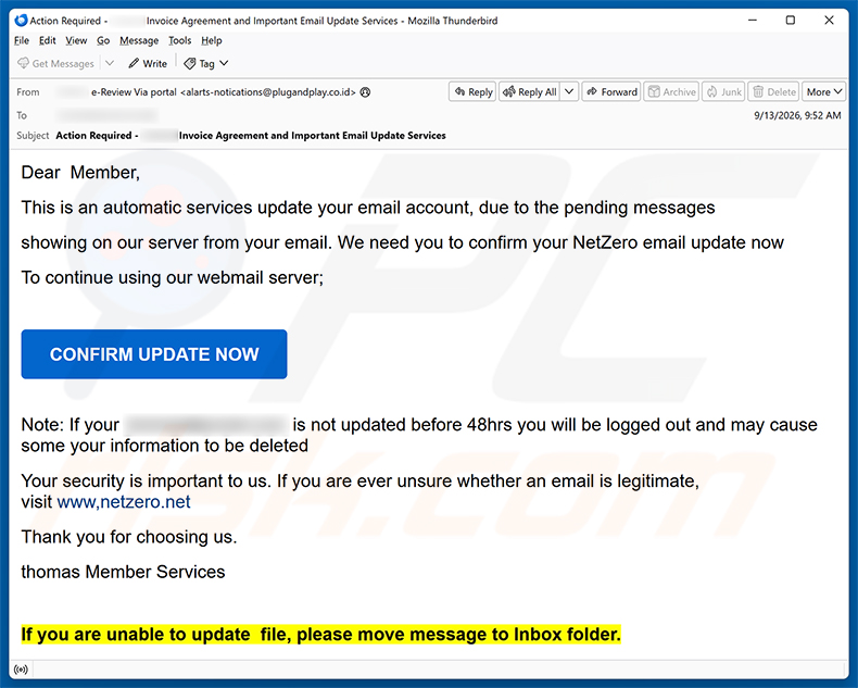 NetZero Email Update Scam E-Mail-Spam-Kampagne