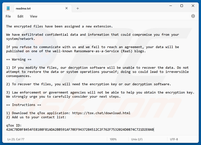 Lösegeldforderung von qTox Ransomware (readme.txt)