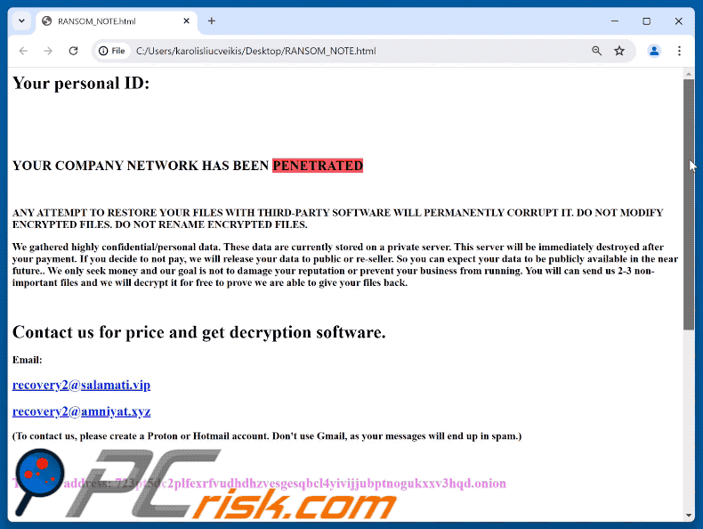 Lösegeldforderung der Regulus-Ransomware (RANSOM_NOTE.html)