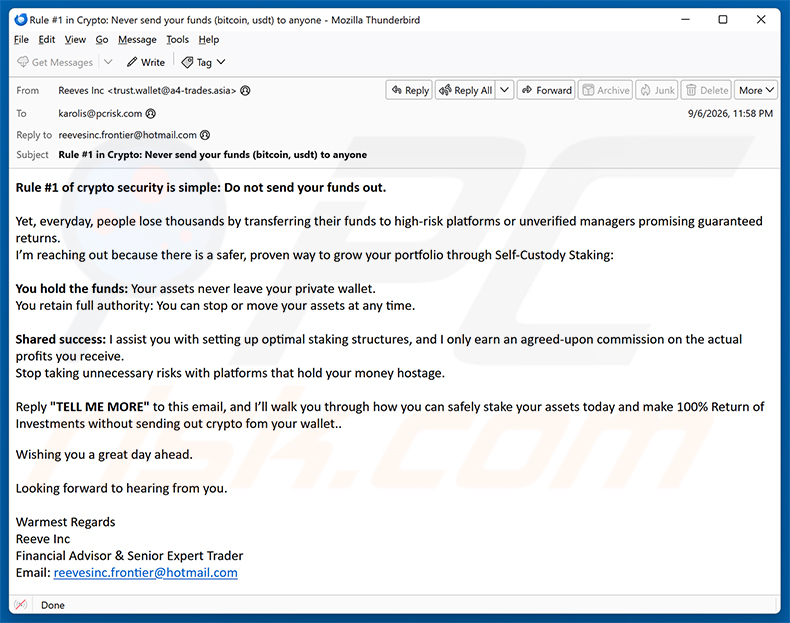 Self-Custody Crypto Staking E-Mail-Spam-Kampagne
