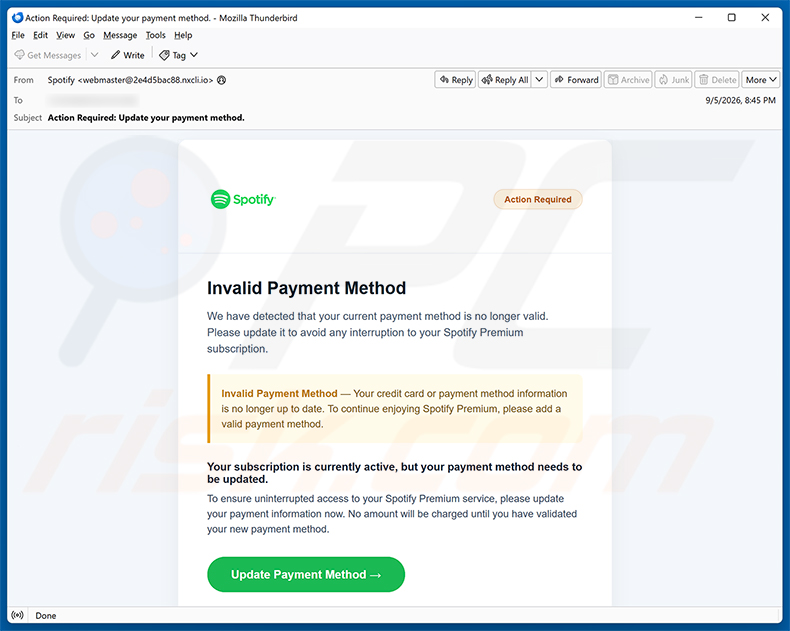 Spotify - Invalid Payment Method E-Mail-Betrug Spam-Kampagne