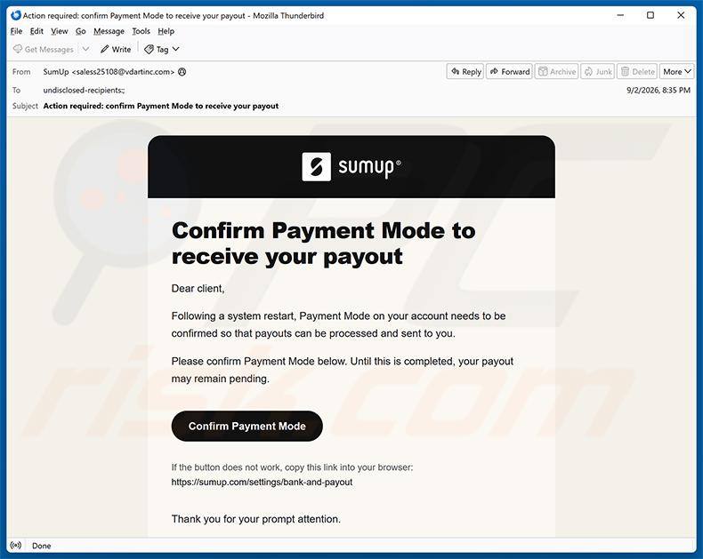 SumUp Payment Mode Confirmation E-Mail-Betrug Spam-Kampagne