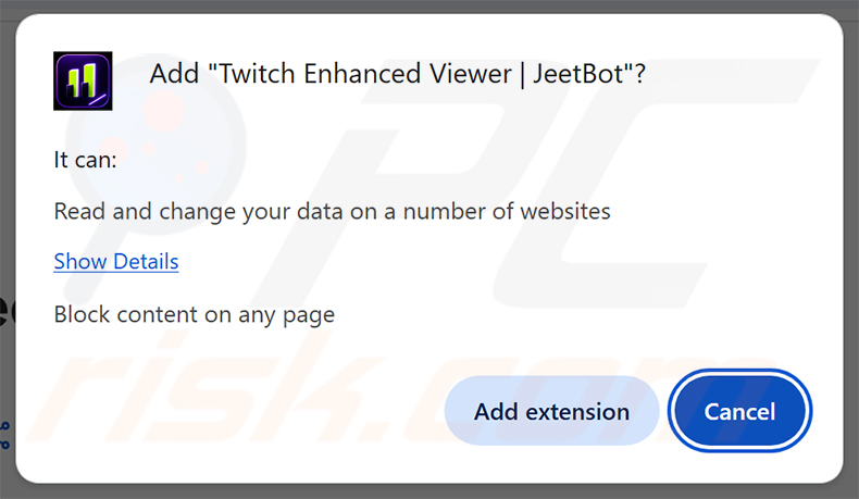 Berechtigungsdialog der bösartigen Erweiterung Twitch Enhanced Viewer | JeetBot in Chrome