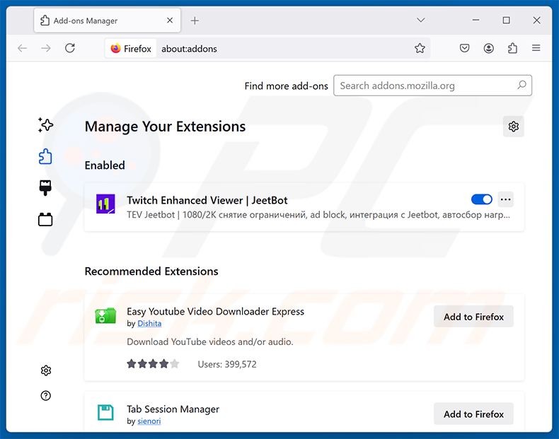 Entfernen der bösartigen Erweiterung Twitch Enhanced Viewer | JeetBot aus Mozilla Firefox Schritt 2