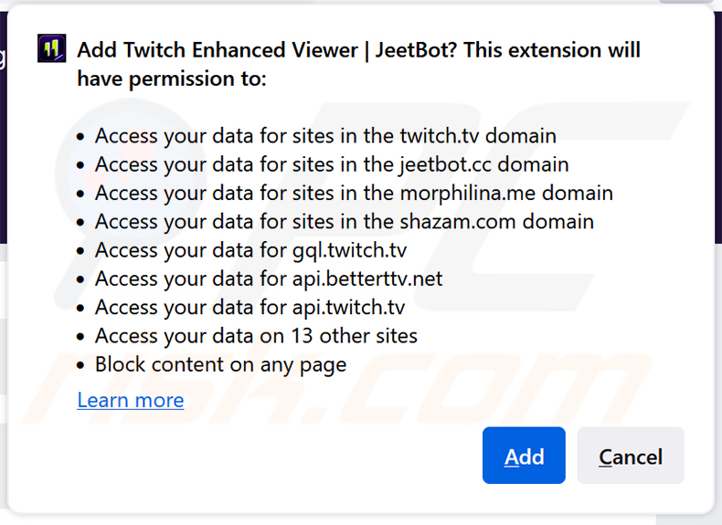 Bösartige Erweiterung Twitch Enhanced Viewer | JeetBot fordert Berechtigungen in Firefox an