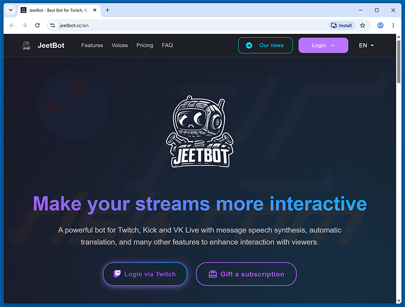 Website, die die bösartige Erweiterung Twitch Enhanced Viewer | JeetBot bewirbt