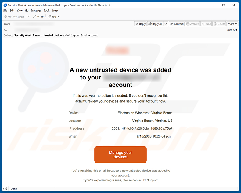 Untrusted Device Was Added To Your Account E-Mail-Spam-Kampagne