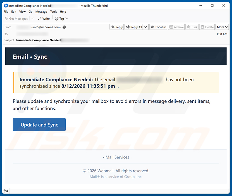 Update And Synchronize Your Mailbox E-Mail-Betrug Spam-Kampagne