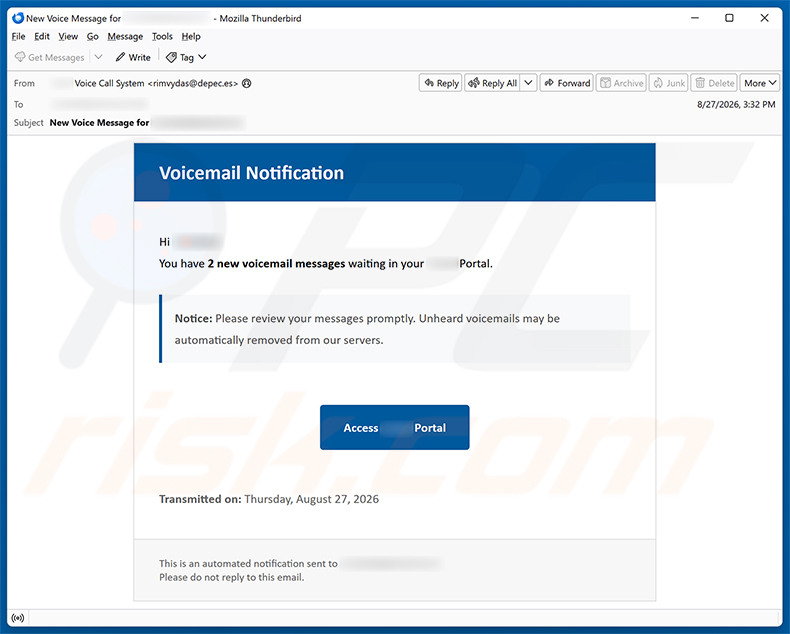 Voicemail Notification E-Mail-Betrug Spam-Kampagne