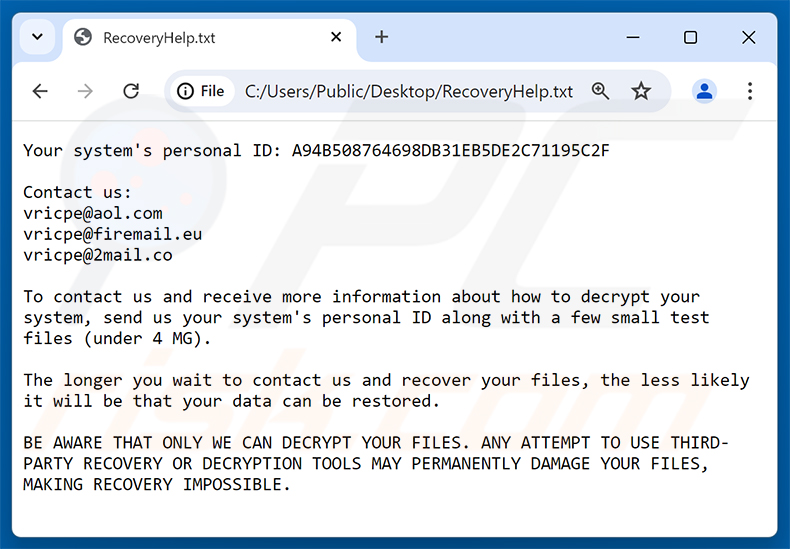 Lösegeldforderung der Vricpe-Ransomware (RecoveryHelp.txt)