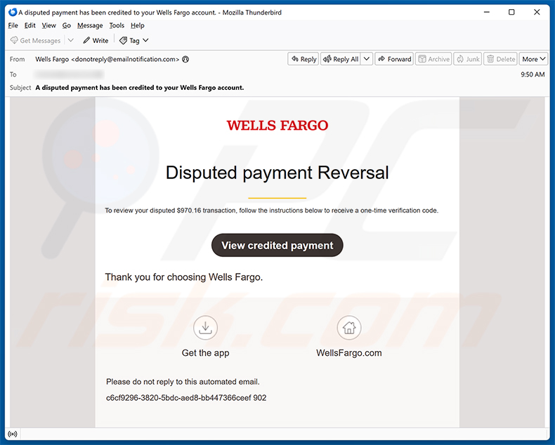 Wells Fargo - Disputed Payment Reversal Spam-E-Mail-Kampagne