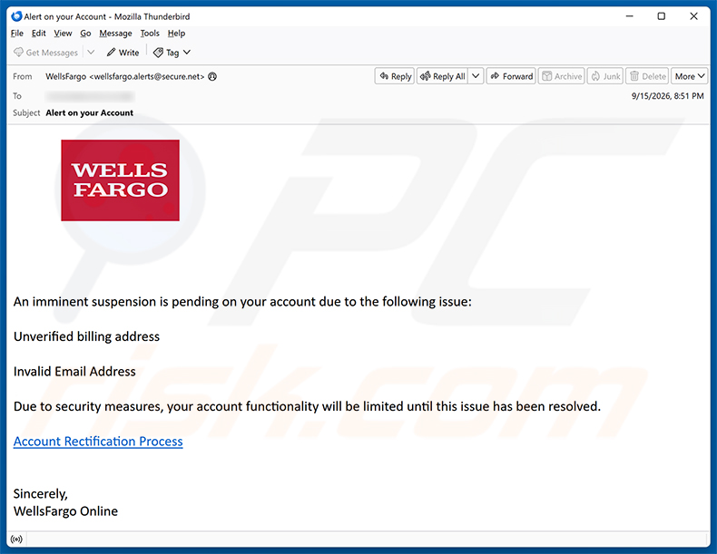 Wells Fargo - Pending Account Suspension E-Mail-Betrug