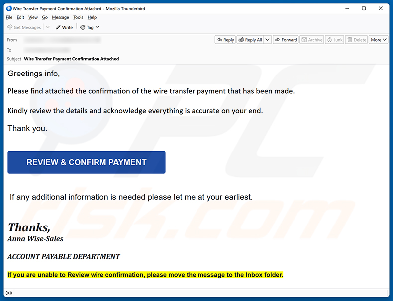 Wire Transfer Payment Confirmation E-Mail-Betrug Spam-Kampagne