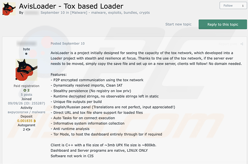 In einem Cybercrime-Forum beworbener AvisLoader (Quelle varonis-com)