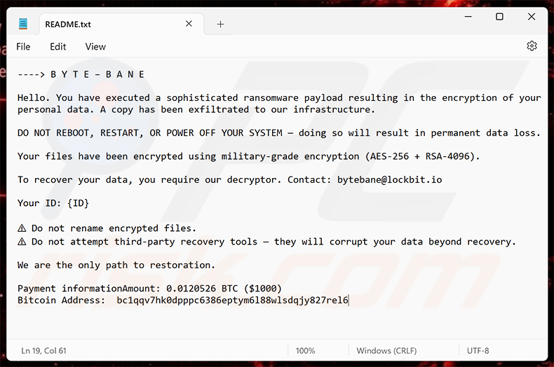 Lösegeldforderung der ByteBane-Ransomware (README.txt)
