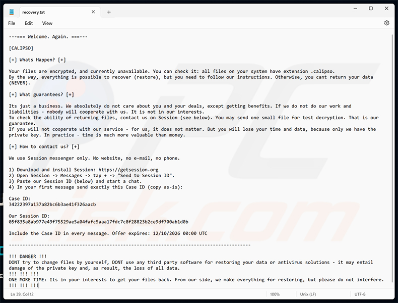 Lösegeldforderung der Calipso-Ransomware (recovery.txt)