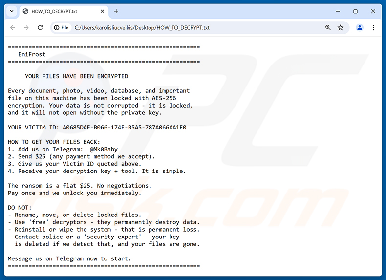 Lösegeldforderung der EniFrost-Ransomware (HOW_TO_DECRYPT.txt)