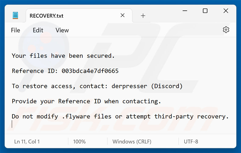 Lösegeldforderung der Flyware-Ransomware (RECOVERY.txt)
