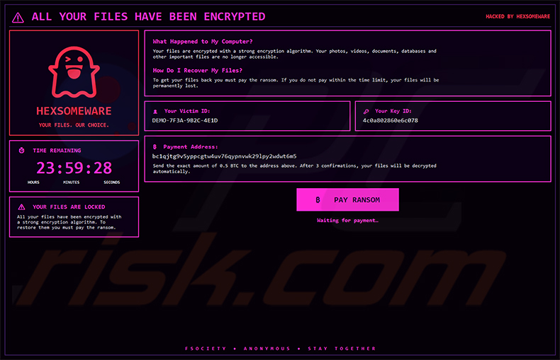 Vollbild-Pop-up der Hexsomeware-Ransomware