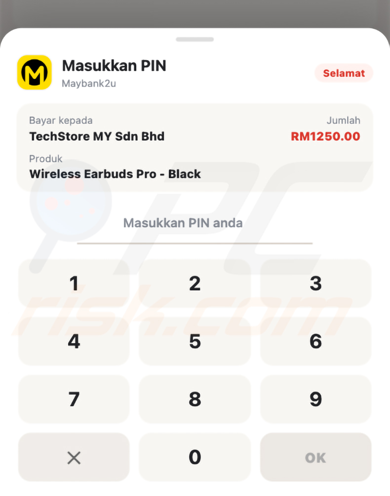 Gefälschte Bezahl-Overlay-Seite von Hirudo mit Maybank-Branding