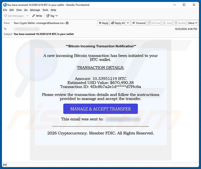 Incoming Bitcoin Transaction E-Mail-Betrug Spam-E-Mail-Kampagne