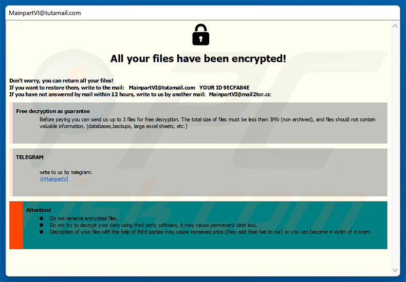 Lösegeldforderung der MAIN-Ransomware im Pop-up-Fenster