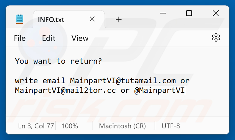 Lösegeldforderung der MAIN-Ransomware (INFO.txt)