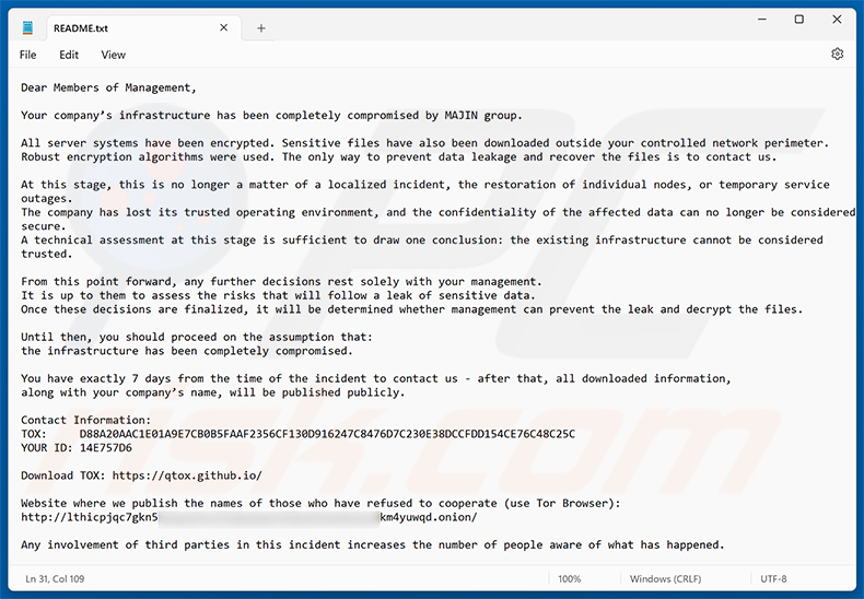 Lösegeldforderung der MAJIN-Ransomware (README.txt)
