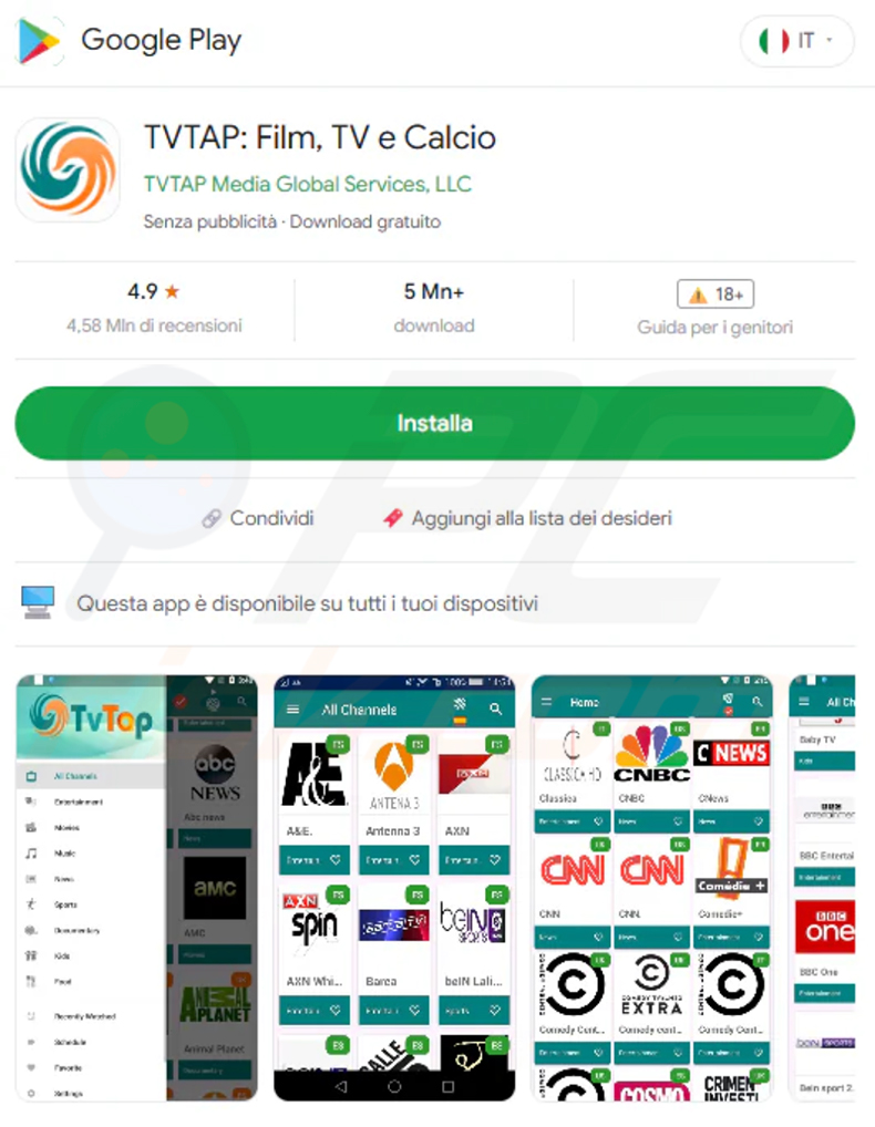 Gefälschte Google Play Store-Seite, die sich als TVTap ausgibt und zur Verbreitung des RemControl Banking-Trojaners verwendet wird